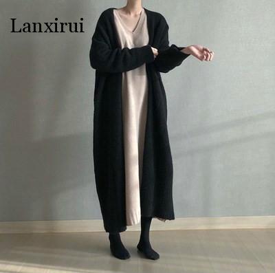 

Autumn Winter Hot Fashion Loose Long Knit Sweater Solid Color Cardigans Warm Knitwear Kimono Plus Size Knitted Outerwear, Black