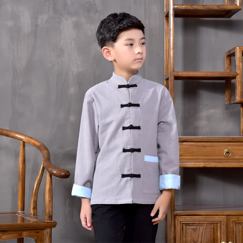 

Long Sleeve Chinese Traditional Costume for Boy National Folk Dance Costume Male Hanfu Tops Kids Ancient Chinese Tunic Clothing, Blue