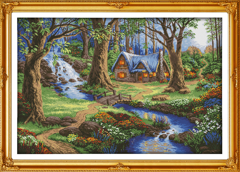 

The cabin in the forest home decor painting ,Handmade Cross Stitch Embroidery Needlework sets counted print on canvas DMC 14CT /11CT