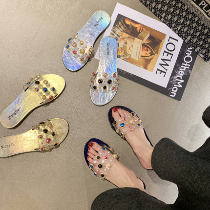 

Sandals and slippers women 2020 spring and summer new ins vacation style fashion wear wet wet wild beach slippers, Silver