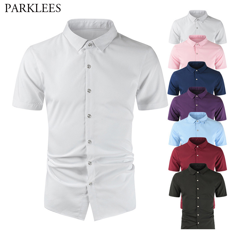 

White Silk Shirt for Men Solid Slim Fit Mens Shirts Smooth Comfortable Men Dress Shirt Casual Business Short Sleeve 7 colors