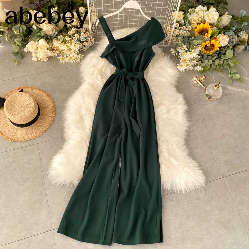 

Fashion Ruffles One Shoulder Sexy Summer Full Length Bandage Jumpsuit Casual Spaghetti Strap Women Playsuit Beach Tie Romper, Yellow