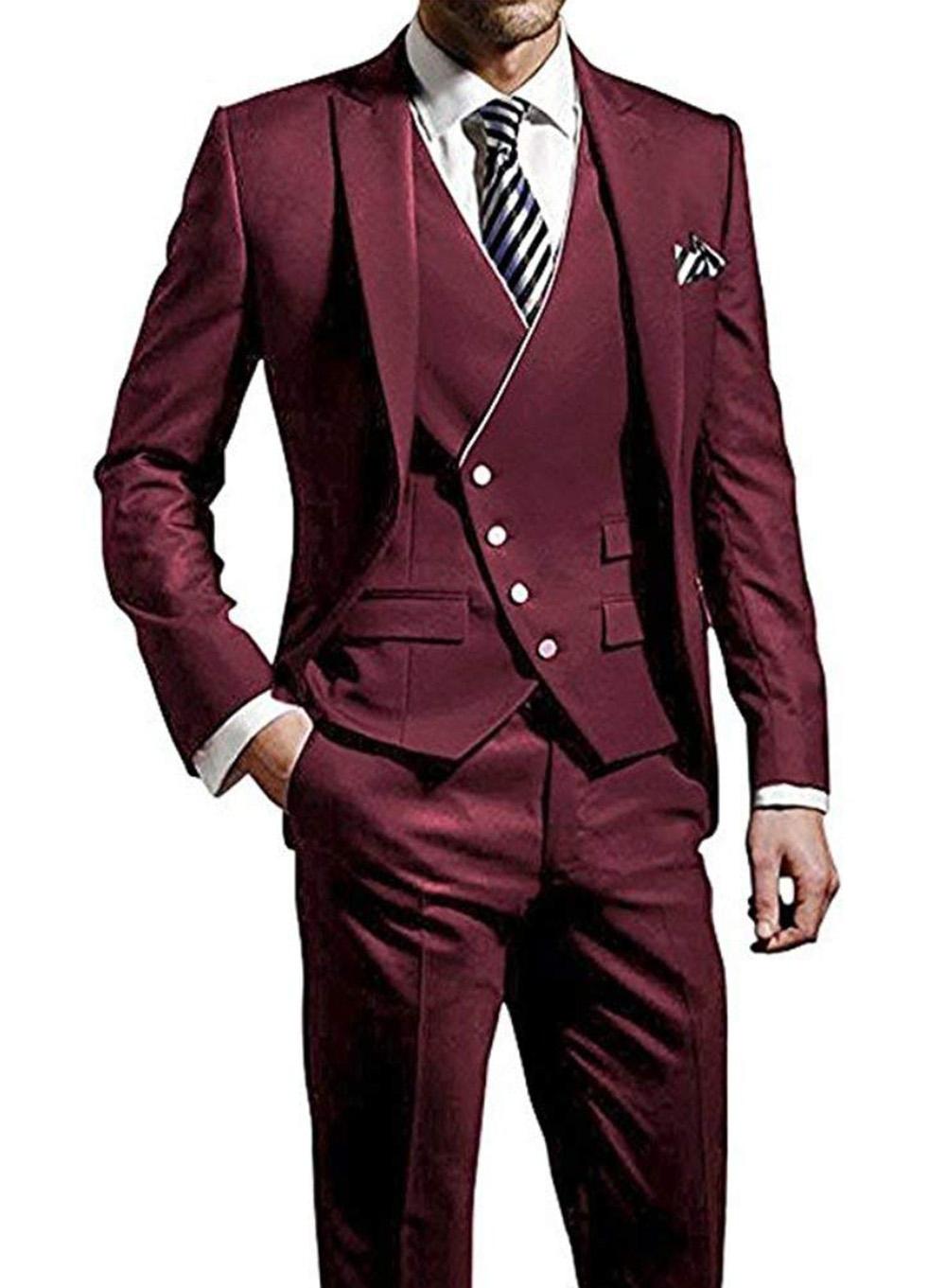 

Classic Peak Lapel Wedding Tuxedos Slim Fit Suits For Men Groomsmen Suit Three Pieces Cheap Prom Formal Suits (Jacket+Pants+Vest+Tie) 369, Same as image