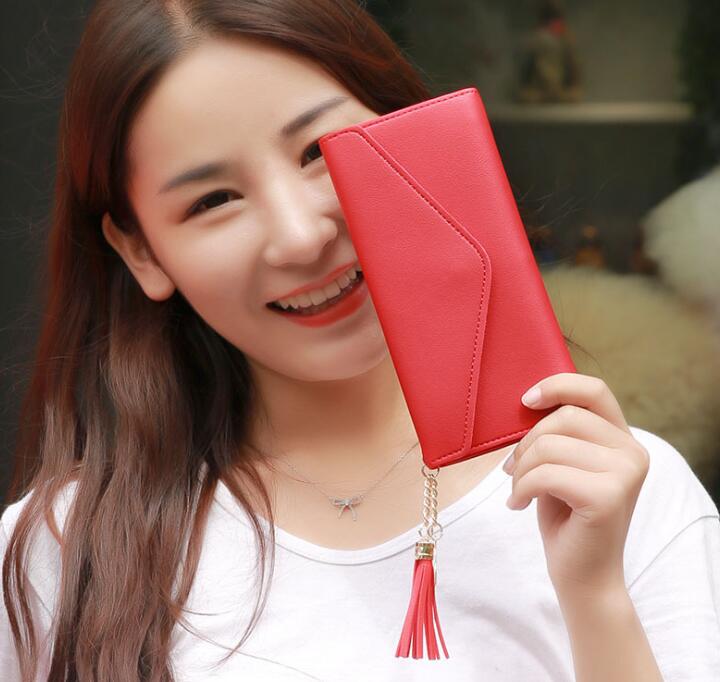 

DHL 50pcs Wallet Women PU Multifunctional Long Simple Tassel Card Purses, Red
