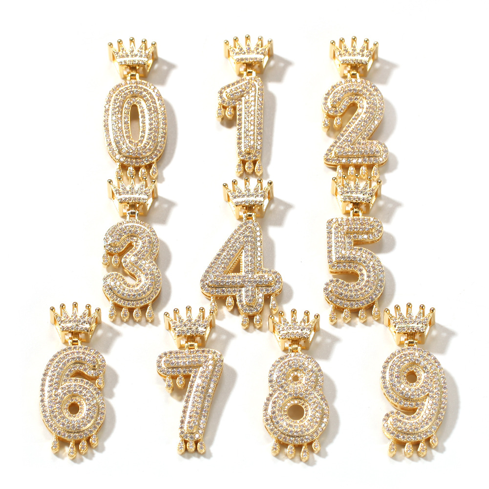 

Custom Crown Drip Numbers Bling Bling Iced Out Necklace For Men Women Gold Color Cubic Zircon Hip Hop Jewelry