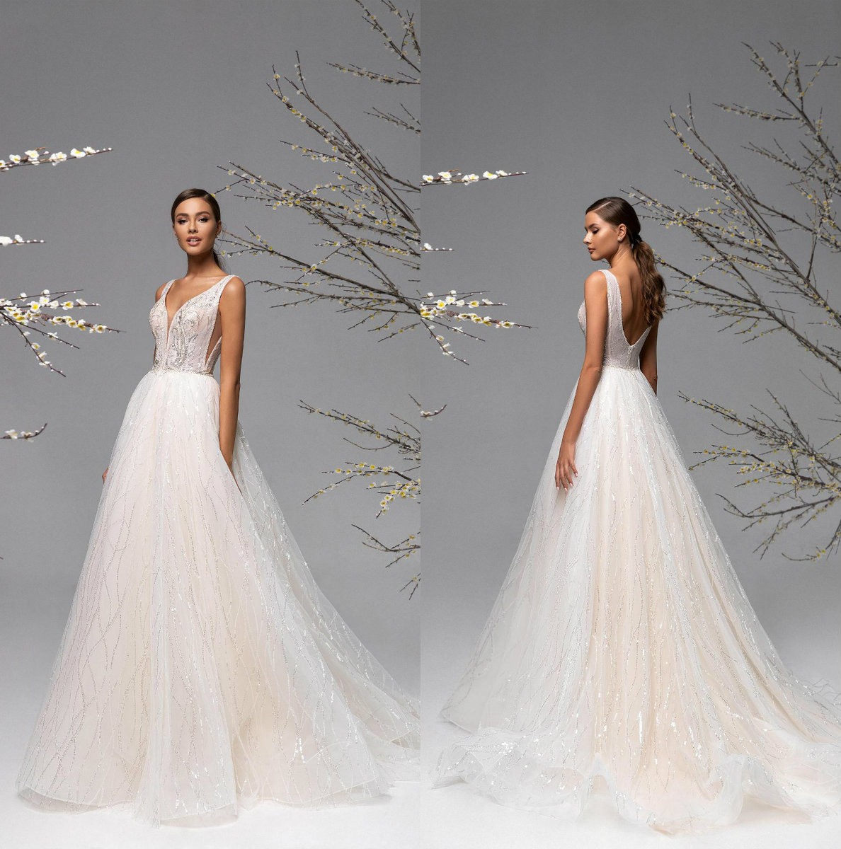 

2021 Fashion Wedding Dresses Sexy Deep V Neck Backless Bridal Gowns Custom Made Lace Applique Sequins Sweep Train A-Line Wedding Dress, Ivory