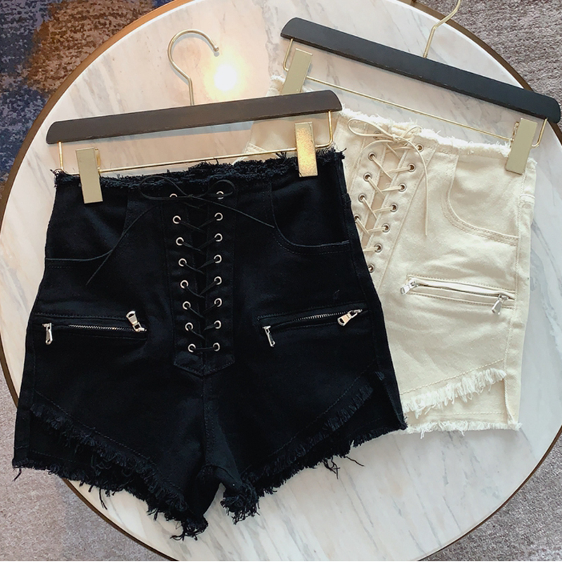 

HIGH STREET New Fashion 2020 Designer Skirt Women' Lacing Rope Fringed Tassel Denim Shorts, Beige