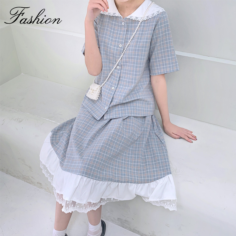 

Summer Women 2 Pcs Set Blouses Plaid Midi Skirt Cute Kawaii Girl Korean Japan Style Design, Only blouses