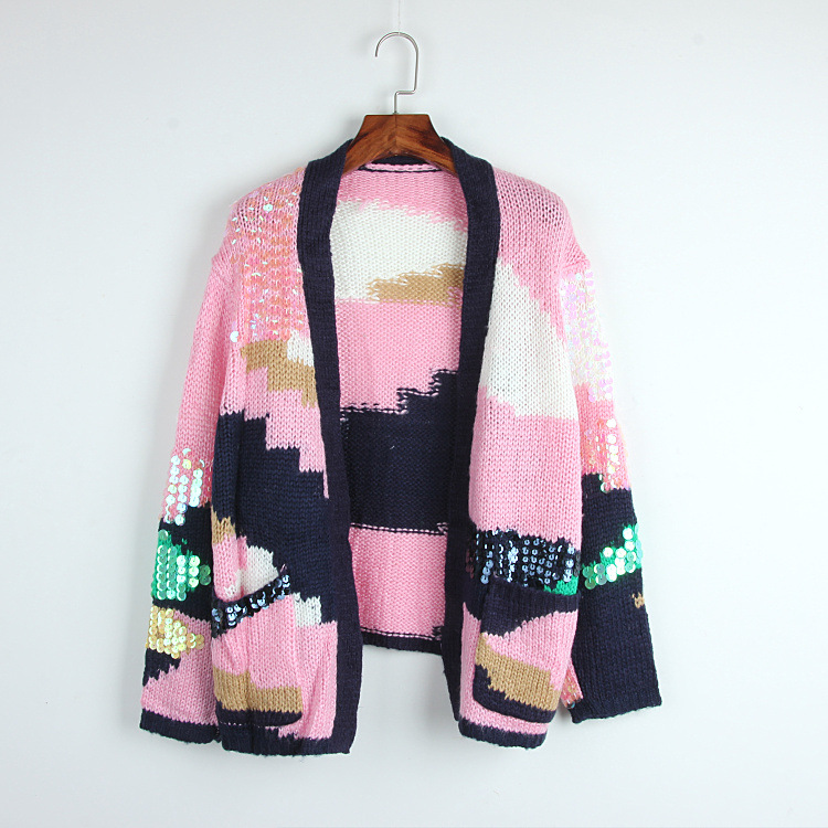 

2017 Autumn Winter New Paillette Knitting Cardigan Shawl Leisure V Lead Color Will Sweater Woman, Sweater cardigan)