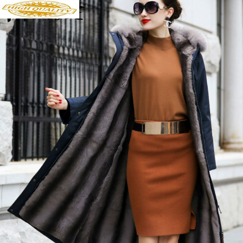 

Real Fur Coat Women Rex Fur Coat Collar Hooded Winter Women Warm Parka Manteau Femme TZ-18801 YY1570, Black