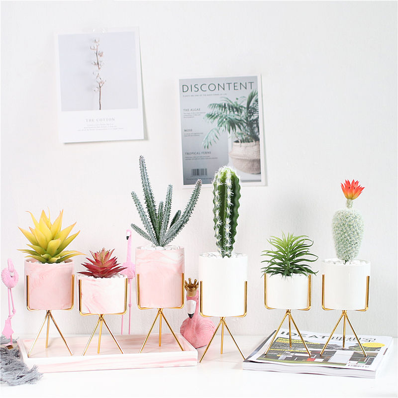 

Nordic Style Fleshy Plants Flowerpot Wrought Iron Vase Simple Iron Frame Flower Ceramic Water Pot Green Planter Home Decoration, Style 1