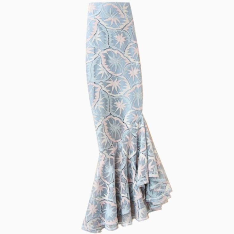 

plus size 4XL!2020 Summer lace printed trumpst skirt women high waist package hip mermias skirt, Blue