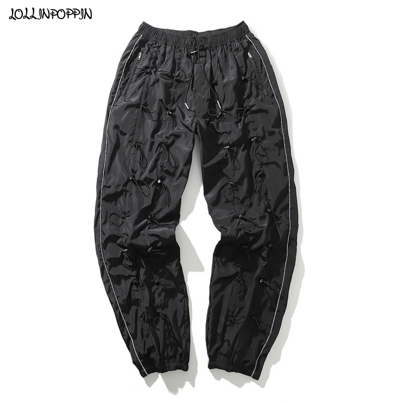 High Street Allover Draw Cords Mens Polyester Casual Pants Elastic Waist 2020 Side Stripe Mens Jogger Pants Zippered Pockets