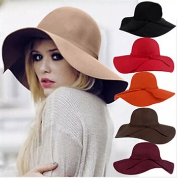 

England style Bowknot Cap Retro Ladies Women outdoor sun hat Wool Felt Fedora Floppy Cloche Wide Brim hat bowknot Cap, As photo