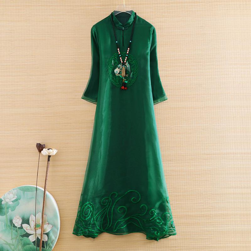 

High-end Spring And Summer Organza Women Loose Cheongsam Dress Elegant Lady Embroidery Zen Ceremony Qiapao Dress S-XXL