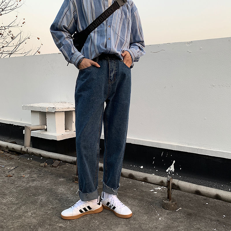 

2020 Spring And Autumn New Youth Popular Solid Color Rough Loose Jeans Men Fashion Casual Wild Straight Pants Blue -2XL