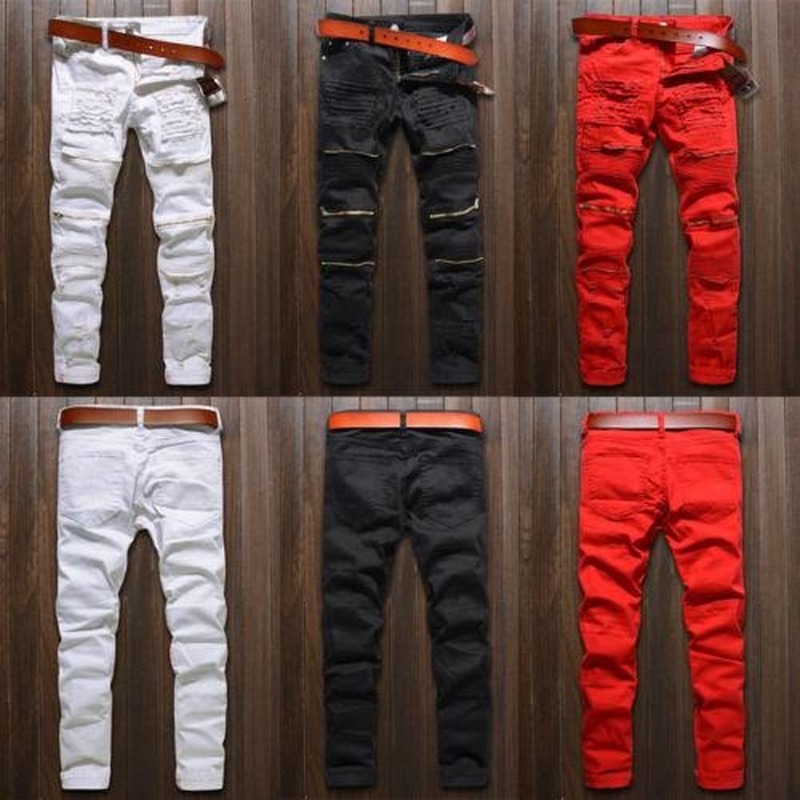 

E-BAIHUI Trendy Mens Fashion College Boys Skinny Runway Straight Zipper Denim Pants Destroyed Ripped Jeans Black White Red Jeans Hot Sale