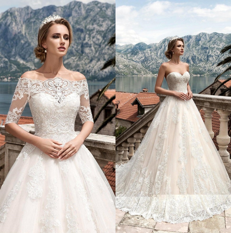 

Elegant Lace A-line Wedding Dresses With Off The Shoulder Lace Jacket 2020 Princess Boho Wedding Gowns Lace Up Back Bridal Gowns BA4684, Light yellow