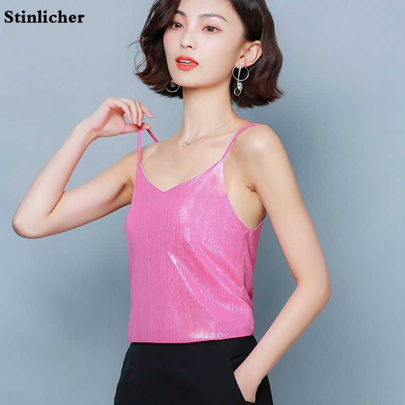 

Spaghetti Strap Top Women Halter V Neck Basic Cami Sleeveless Bright Silk Vest Tank Tops Women Summer Work Camisole Female, Beige