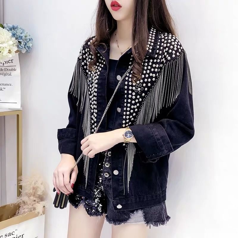 

IHOBBY streetwear denim jacket women hand studded rivet tassel chain short loose jeans jacket, Black