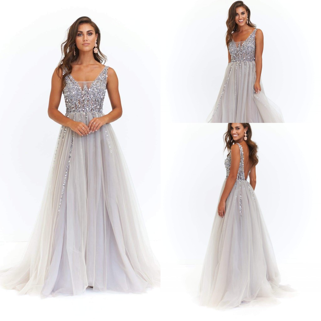 

Modern A Line Prom Dresse Sleeveless Tulle Lace Crystal Backless Party Dress Sweep Train robes de soirée, Hunter