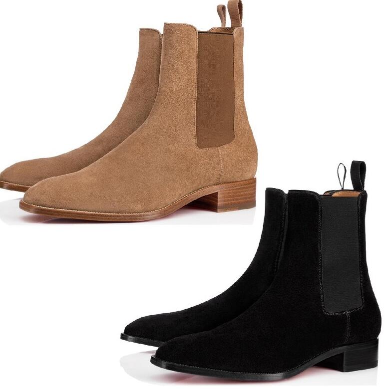 

Luxury Designer Red Bottom Roadie Flat Men Ankle Boots Brand Suede + Leather Fashion Man Booties Winter Fashin Man Booty EU 35-47, Original box;dust bag