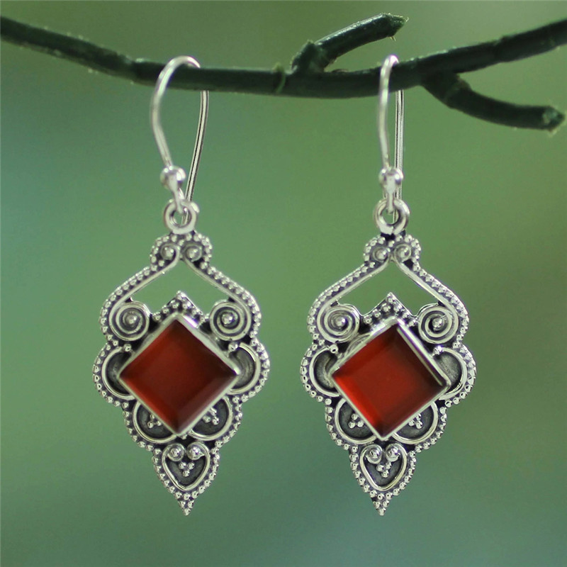 

Dangle & Chandelier Red Square Stone Vintage Pendientes Ancient Silver Long Earrings Jewelry Women Accessories