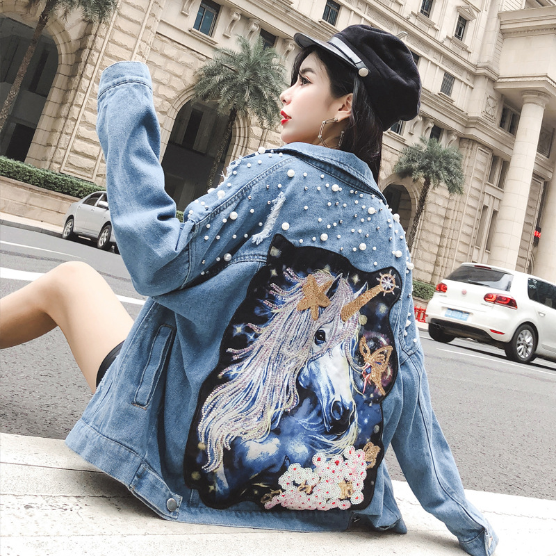 

Popular women' coat spring and autumn new heavy work beaded sequins hole print loose long-sleeved denim jacket TB190302, Light blue