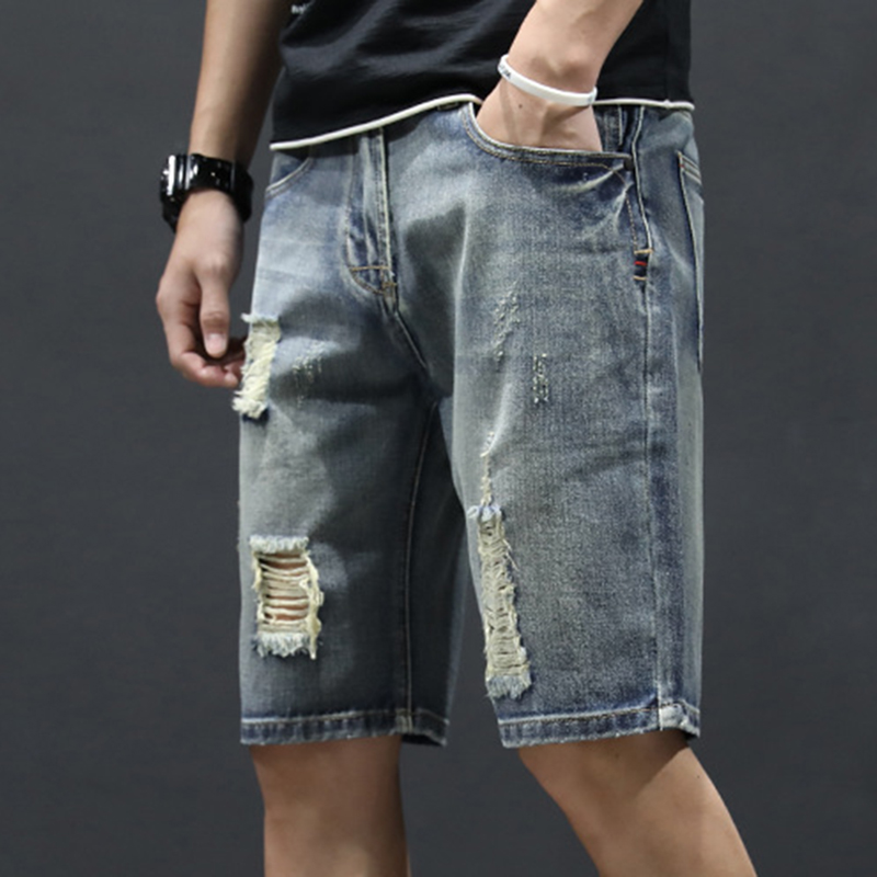 

Shredded denim shorts jeans men Korean Slim 5 points pants tide straight pants thin summer trend large size, W008