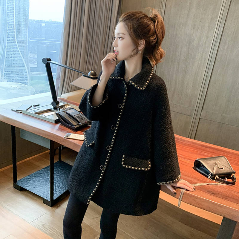 

20191026 Loose Lapel medium length tweed Vintage Coat, Black