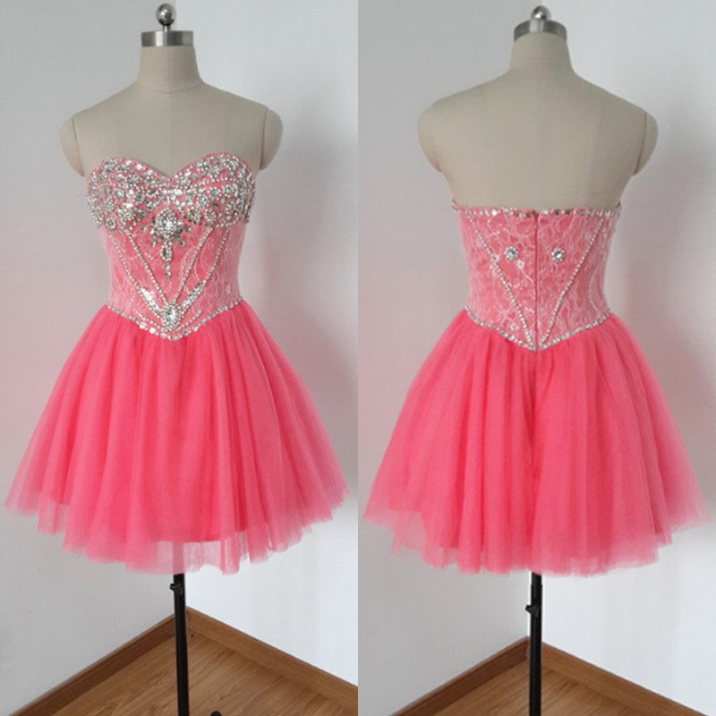 

Sweety Watermelon A Line Homecoming Dress Tulle Beaded Sweetheart Short Prom Dress Zipper Back Mini Graduation Dresses, Brown