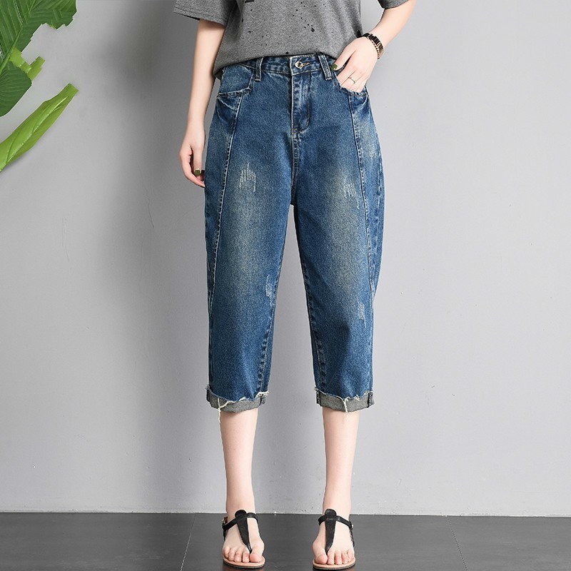 

Summer Vintage Washed Jeans Woman High Waist Ripped Jeans Capris Denim Short Pants Casual Calf-Length Harem Pants, Baby blue