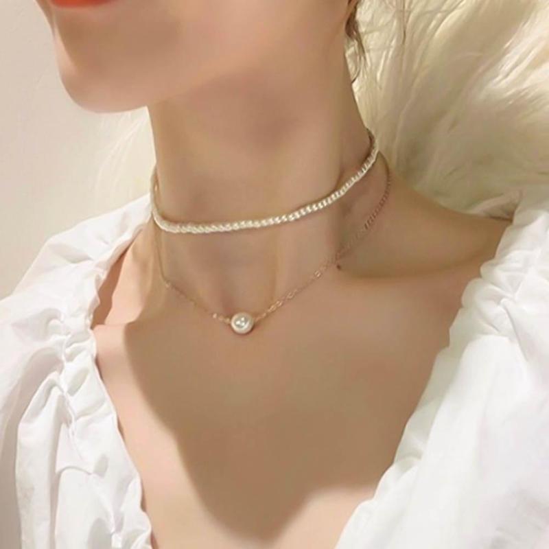 

Women Girl Double Layer Faux Pearl Pendant Clavicle Chain Necklace Party Jewelry