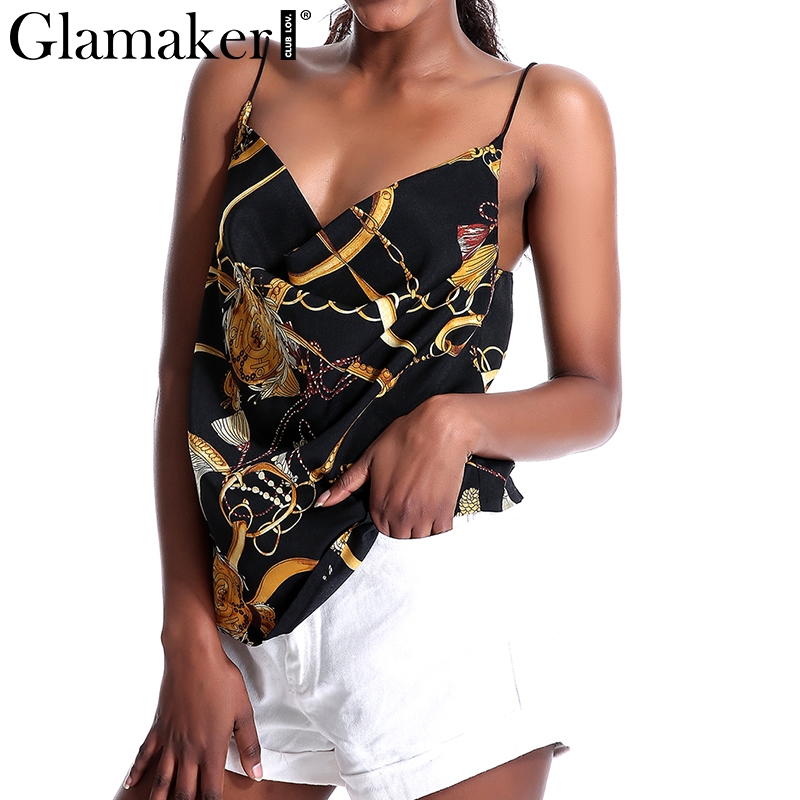 

Glamaker Black sexy vneck vintage women tank top Beach elegant spring summer party top Female holiday casual cami tank camisole