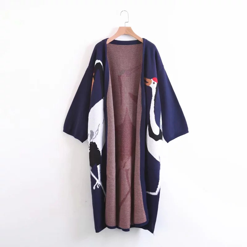 

Women Autumn Winter Knitwerwear Knitted Trench Coat Outerwear Ladies open Stitch Long Coat Female 2020 Loose, Navy