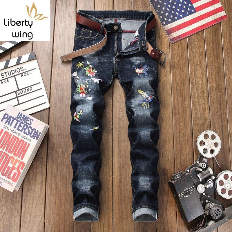 Nouvelle marque Style chinois broderie florale pleine longueur hommes Denim pantalon droit piste mode lavé élastique jean pantalon