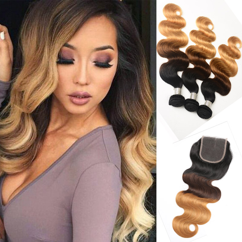

Peruvian Human Hair 1B/4/27 Ombre Hair Body Wave Three Tones Color 3 Bundles With 4X4 Lace Closure Middle Three Free Part 1B 4 27