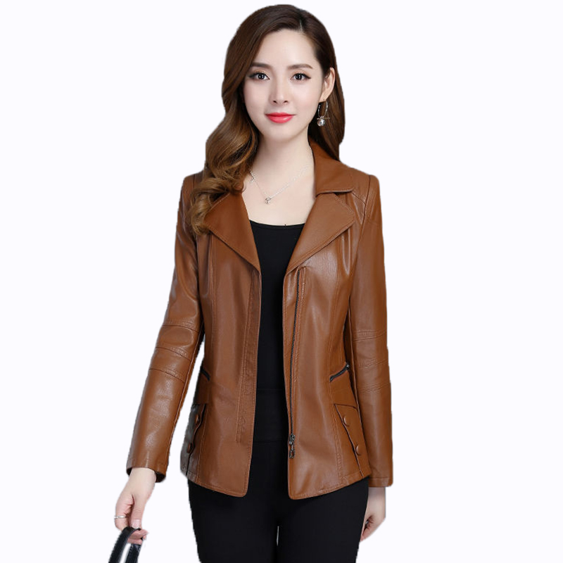 

plus size 6XL2019 spring and autumn new leather coat women clothing short slim jackets women's leather jacket ladies outerwear, Black