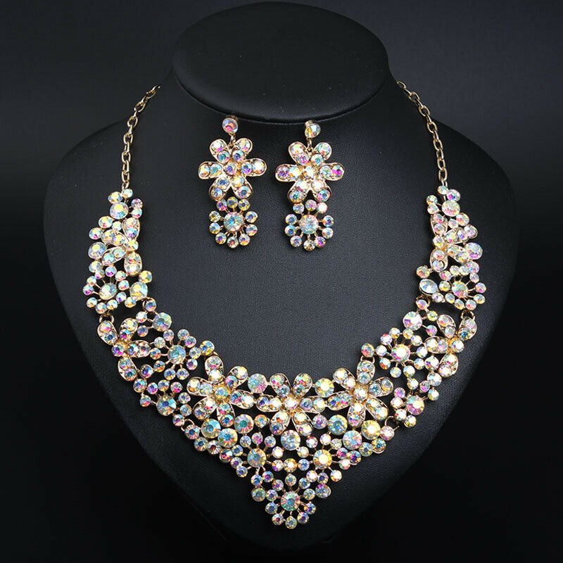 

Earrings & Necklace Wedding Jewelry Sets Fashion Earring Crystal Charms Flower Choker Statement Bib Rhinestone Bridal Women Collar, As pic