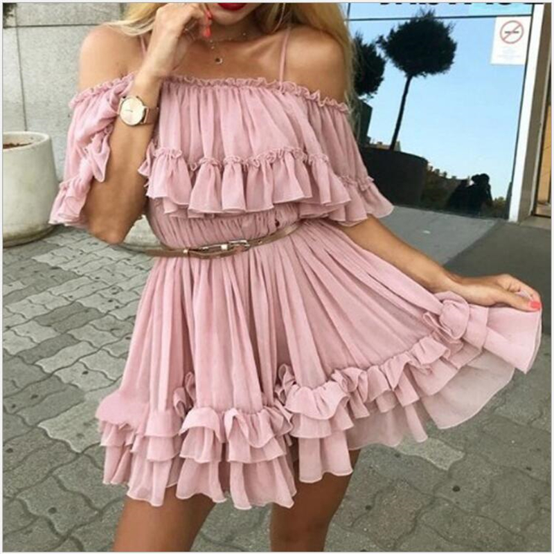 

Off shoulder ruffle women dress casual Vestidos elegant pleated summer chiffon dress 2019 sexy mini beach 138, Yellow