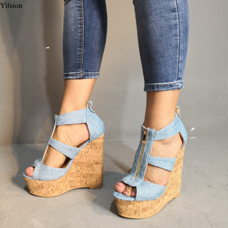 Rontic New Arrival Women Platform Denim Sandals Sexy Wedges High Heels Shoes Peep Toe Blue Casual Shoes Women US Plus Size 5-15