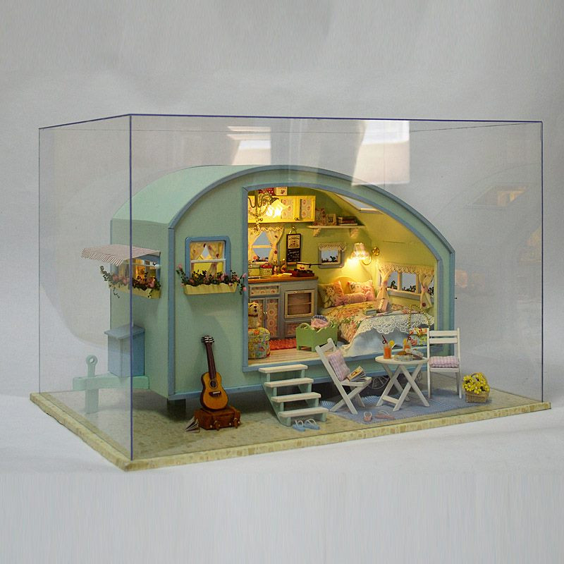 

Travel Caravan DIY Tour Of Time Wooden Dollhouse Miniature Kit Doll House LED Music Box Voice Control Handmade Kits For Girls, Green