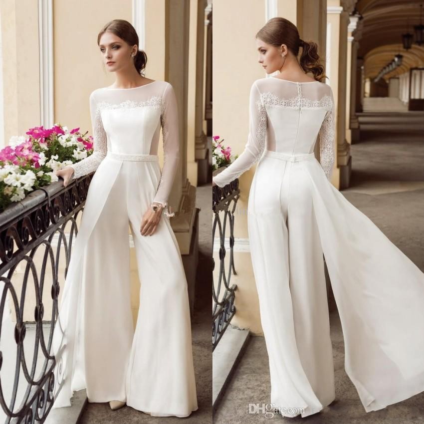 

Designer Bohemian Jumpsuit Lace Sheath Wedding Dresses Bateau Neck Long Sleeves Beach Bridal Gowns Floor Length Chiffon vestido de novia, White