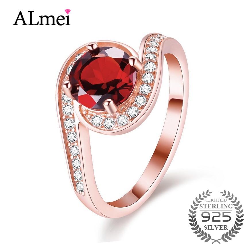 

Almei Red Garnet Tested Silver 925 Wedding Rings Rose Gold Color Finger Jewelry Accessary for Women with Gift Box 40% FJ025