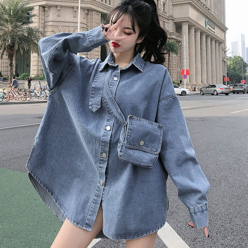 

Autumn Designed Belt Denim Shirts Women Pocket Fashion Button High Waist Jeans Long Shirt Female Streetwear Fashion Ladies Tops, Black