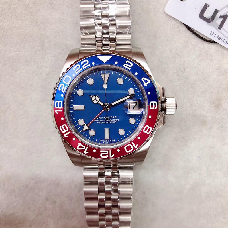 

2019 U1 factory Top sale high quality Gmt-master II 2813 Automatic Movement watch 40MM Blue dial date Ceramic Bezel Men's Wristwatch, Make waterproof