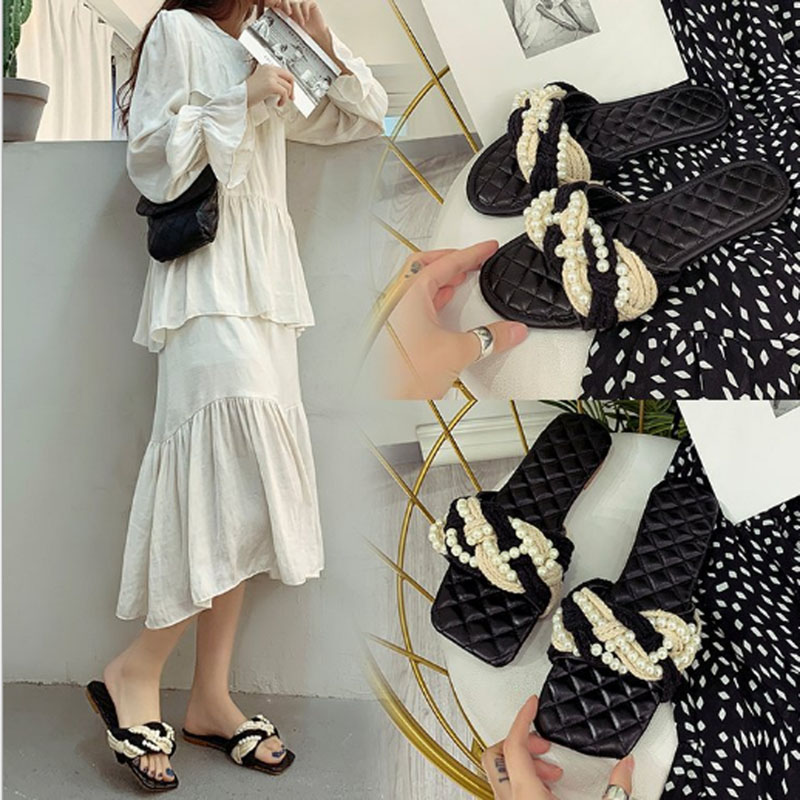 

Ladies classic pearl flat slippers fashion color one word female embroidery round head square head female slippers ladies slippe, Black