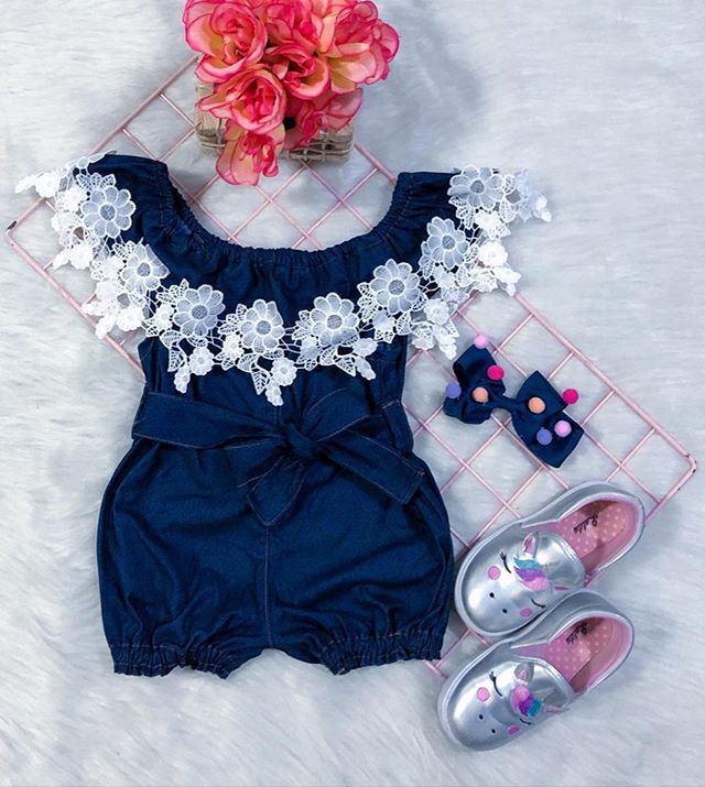 

Infant Blue Denim Romper Summer Kids Baby Girls Rompers Ruffles Ruffles Blue Denim Jumpsuits Outfits, As pic