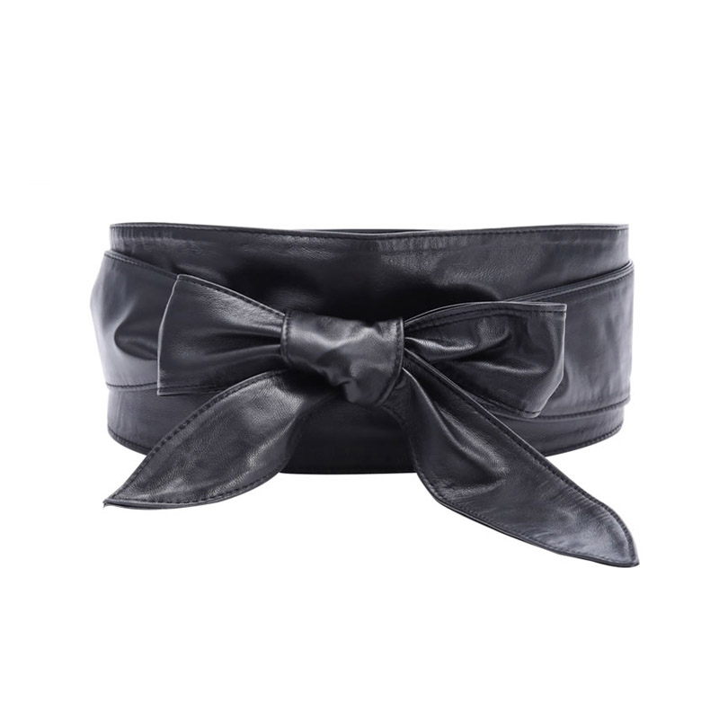 

Belts Ladies Wide Belt PU Leather Long Knotted Waistband Wild Tied Rope Double Loop Decorative Women's Skirt X214, Black