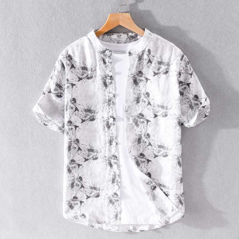 

2020 Summer casual linen short-sleeved shirt men stand collar loose shirts for men fashion breathable shirt mens chemise camisa, Blue 9718
